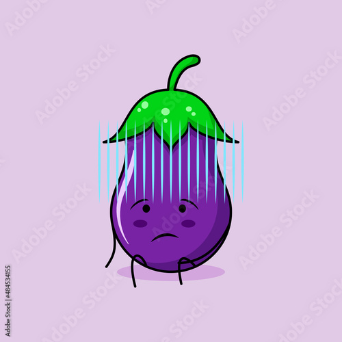 cute eggplant character with hopeless expression and sit down. green and purple. suitable for emoticon, logo, mascot and icon