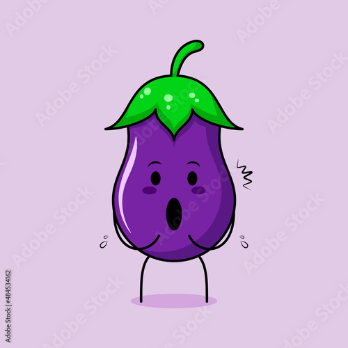 cute eggplant character with impressed expression and mouth open. green and purple. suitable for emoticon, logo, mascot and icon