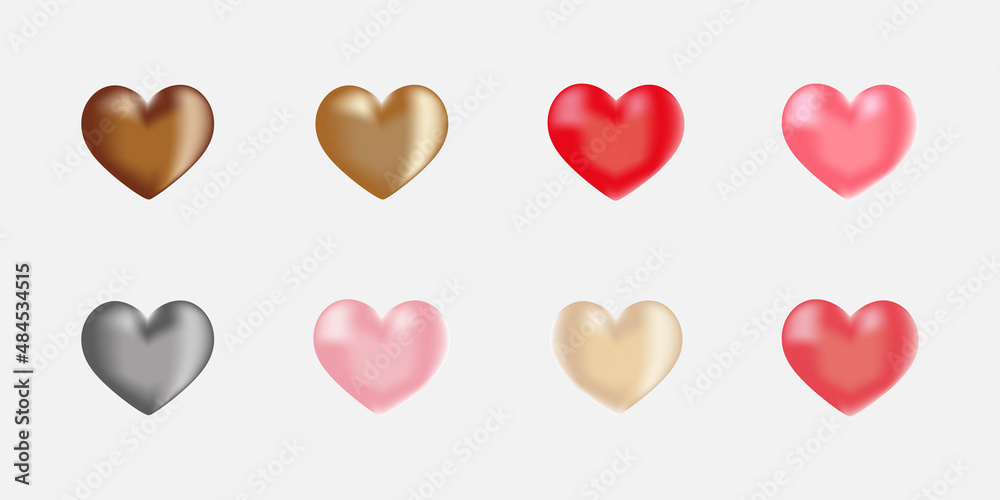 Realistic 3d hearts isolated on white background set Valentines day romance symbol Decorative design elements Vector illustration EPS10  