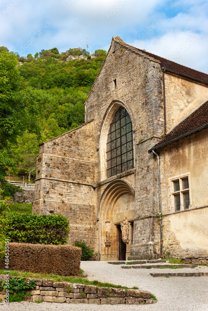 Village of Baume-les-Messieurs in the Jura in France. Abbaye Saint-Pierre de Baume