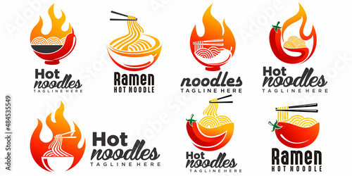spicy ramen noodle icon set logo design illustration with bowl,chili and hot fire.