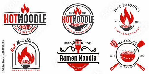 vintage hot noodle icon set logo design Noodles  bowl and fire vector