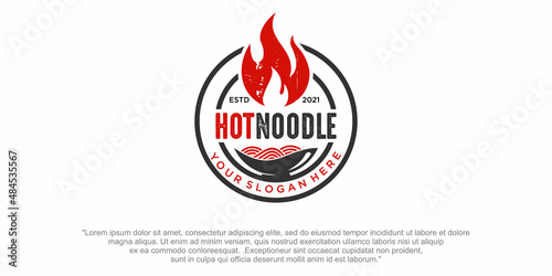 Creative vintage hot noodle logo design. Noodle ,bowl and fire vector