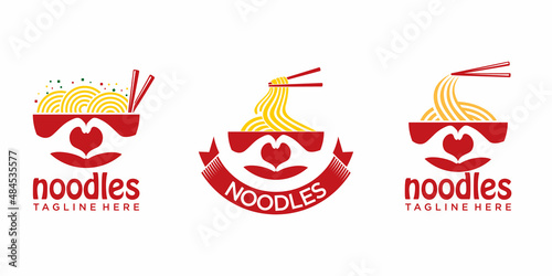 Modern and simple icon set logo design noodle with combination bowl, hand and love