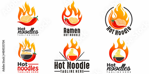 spicy ramen noodle icon set logo design illustration with bowl,chili and hot fire.