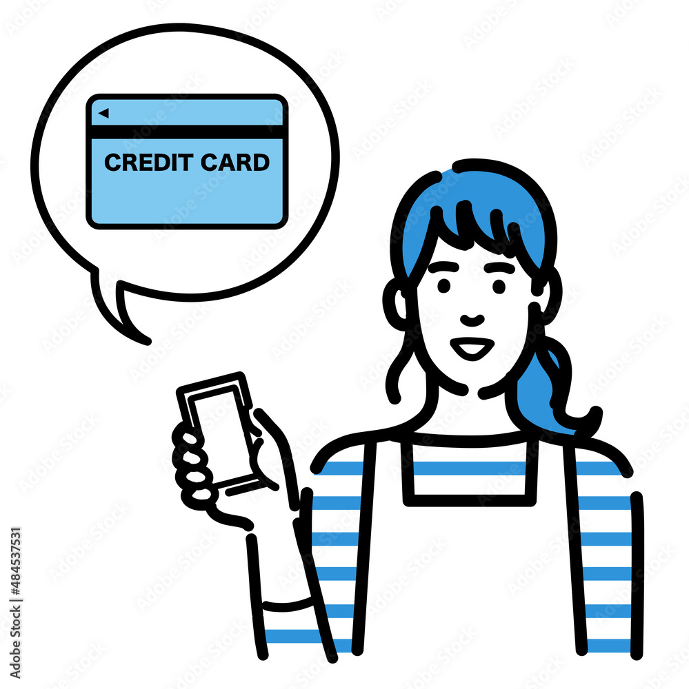 スマートフォンを持ってクレジットカードの説明をしているエプロンをつけた主婦
