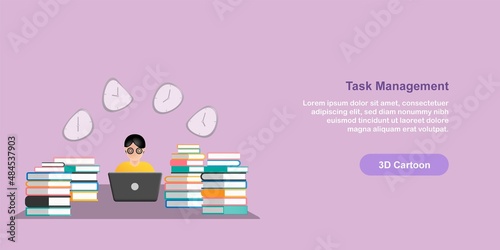 Student headache because overload homework task deadline, desk table full of book pile