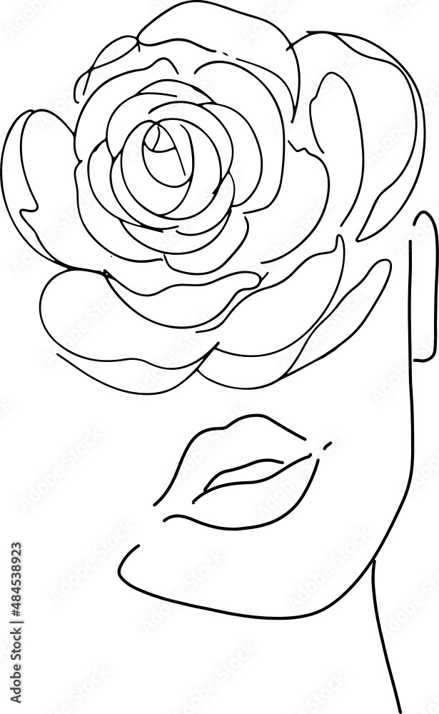 Women' faces in one line art style with flowers and leaves Women' faces in one line art style with flowers and leaves
