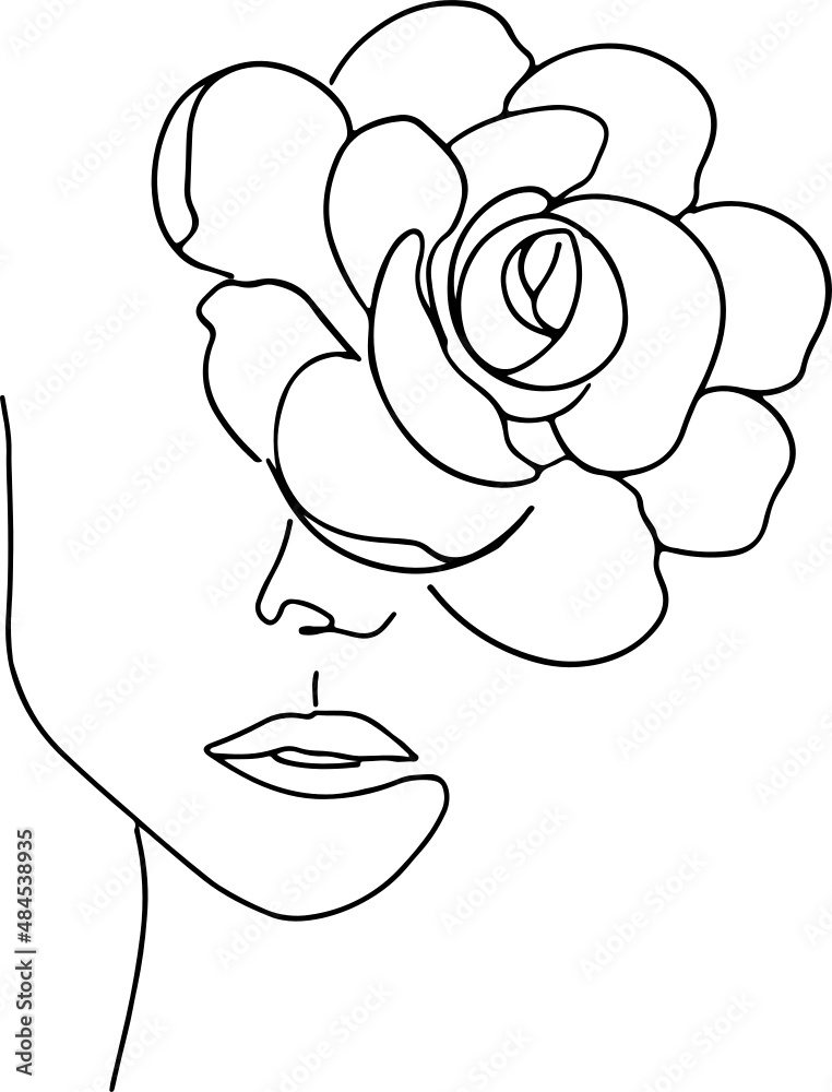 Women' faces in one line art style with flowers and leaves Women' faces in one line art style with flowers and leaves