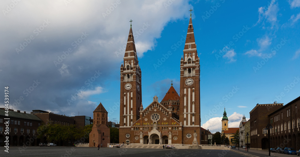 View on Cathedral in hungarian city Szeged outdoors.