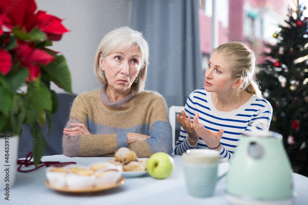 Domestic quarrel between an elderly mother and an adult daughter on Christmas holidays