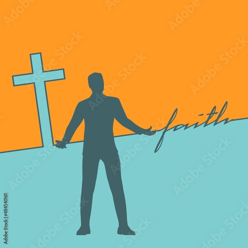 Man holding cross and faith word connected with line