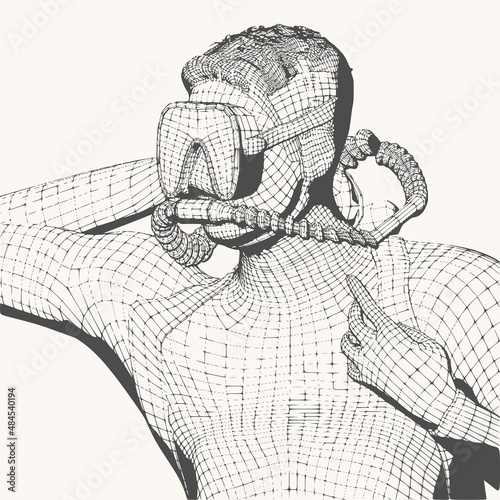 Monochrome silhouette of diver. Mesh grid texture