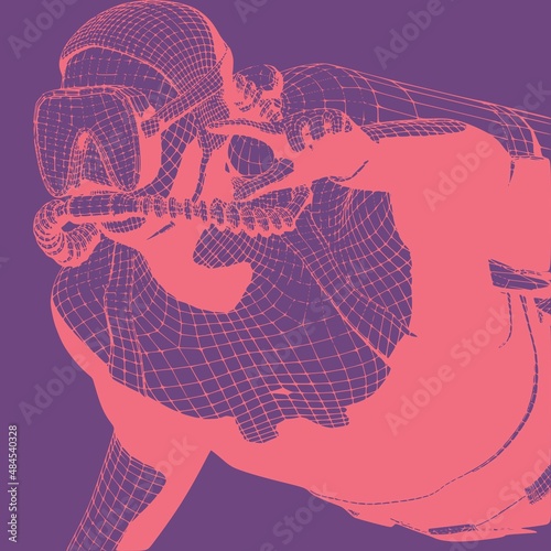 Monochrome silhouette of diver. Mesh grid texture