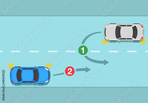Safety driving and traffic regulating rules. Blue sedan car is about to start moving and must yield to oncoming traffic. U-turn priority. Flat vector illustration template. 