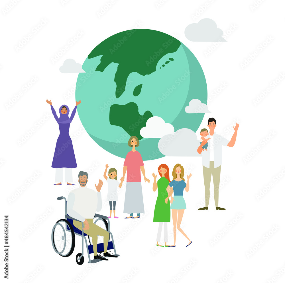手を振る様々な人と地球 手を振る様々な人と地球