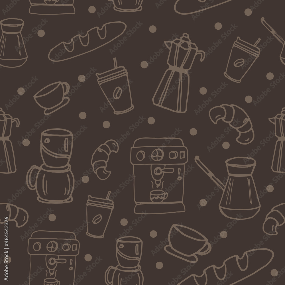 set of coffee icon isolated on brown background. coffee maker, cup of coffee, mug, bread, and croissant illustration. hand drawn vector, seamless pattern. doodle art for wallpaper, wrapping paper. 