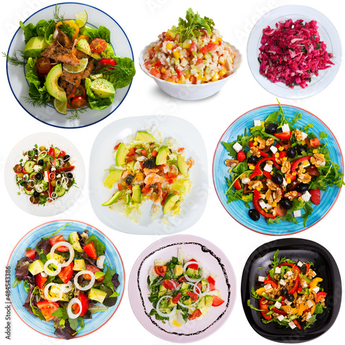 Set of various plates of salads isolated on white background