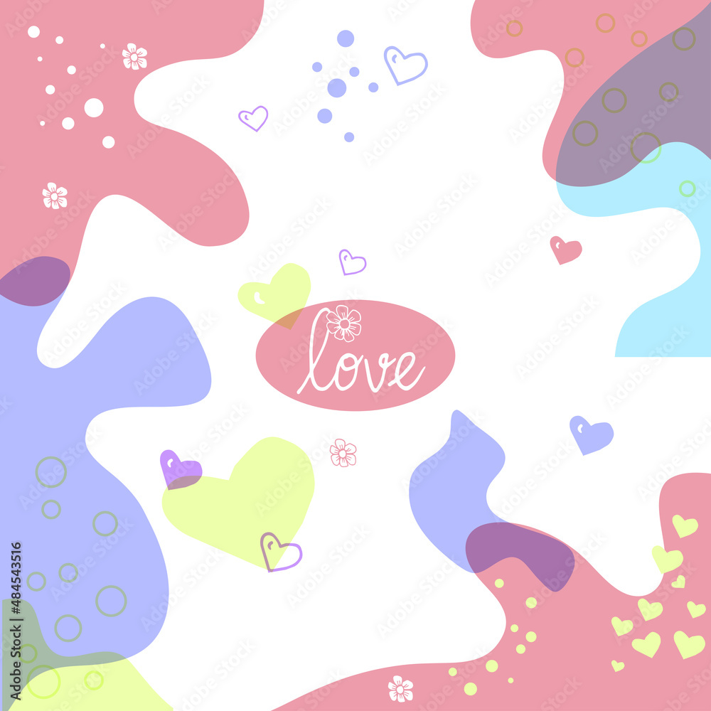 love-hand drawn lettering with flower and heart illustration. abstract pattern with colorful wave shape. romantic and elegant. doodle art for wallpaper, greeting and invitation card, postcard, cover. 