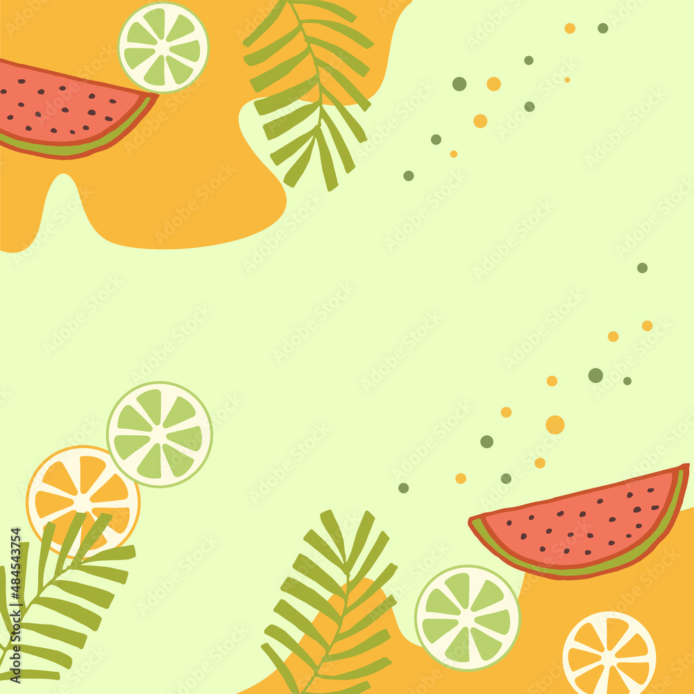 nature frame, border. watermelon slice and green leaf illustration. hand drawn vector. summer background. doodle art for wallpaper, greeting and invitation card, poster, presentation, postcard. 