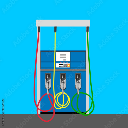 three nozzle green yellow red color. classify of oil car use in on blue background
