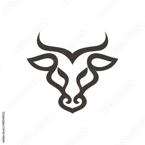 Abstract bull face outline line logo design. Buffalo cattle bison longhorn head, front view vector icon