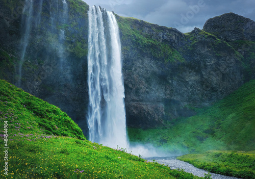 Fototapeta Naklejka Na Ścianę i Meble -  Seljalandsfoss waterfall. Summer landscape with cascade and a river. Famous tourist attraction of Iceland