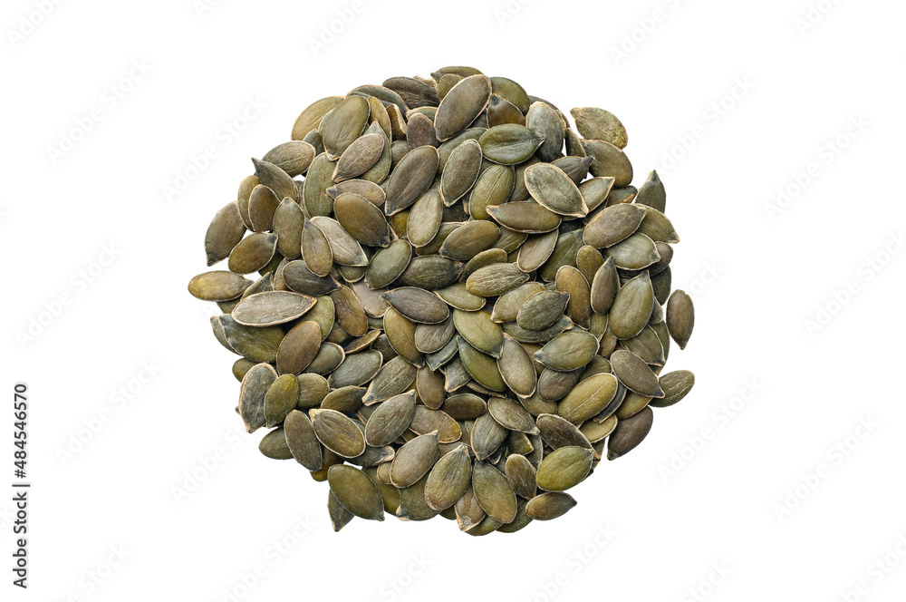 Pumpkin seeds are green. View from above. White background. Isolated. Pumpkin seeds are green. View from above. White background. Isolated.