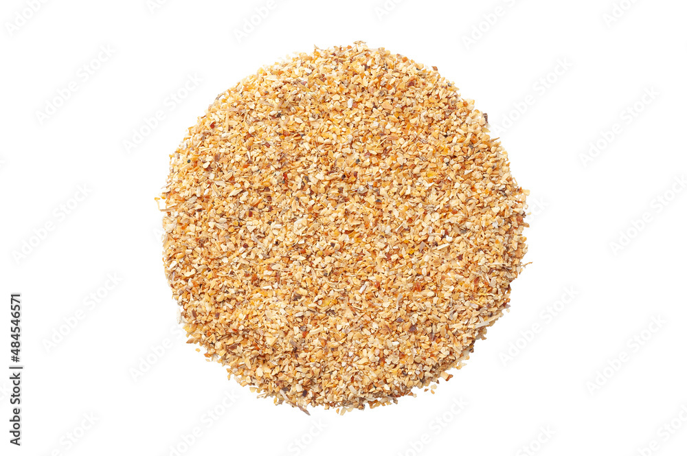 Chopped dried garlic. View from above. White background. Isolated. Chopped dried garlic. View from above. White background. Isolated.