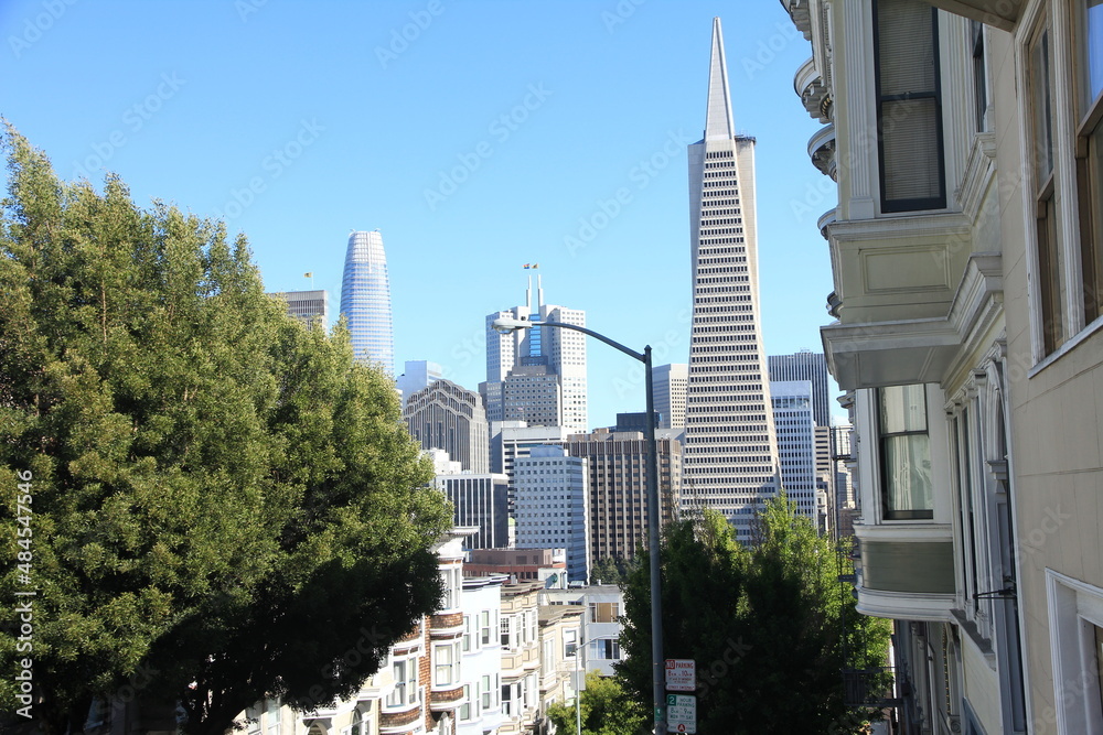 Modern Skyline and Victorian Houses in San Francisco