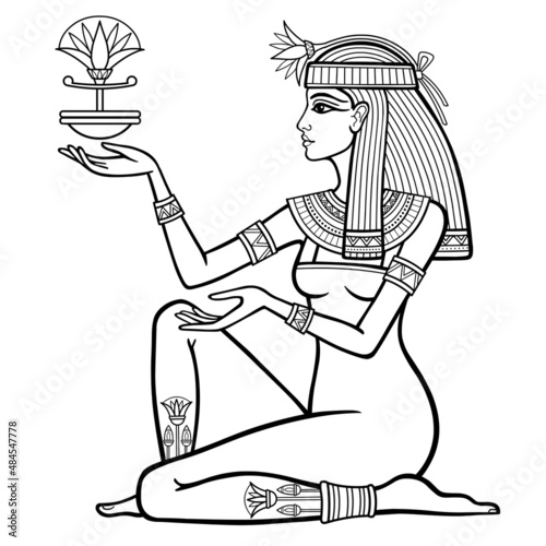 Animation linear portrait of beautiful Egyptian woman holds a flower in his hands. Goddess, princess. Profile view. Vector illustration isolated on a white background. Print, poster, t-shirt, tattoo.