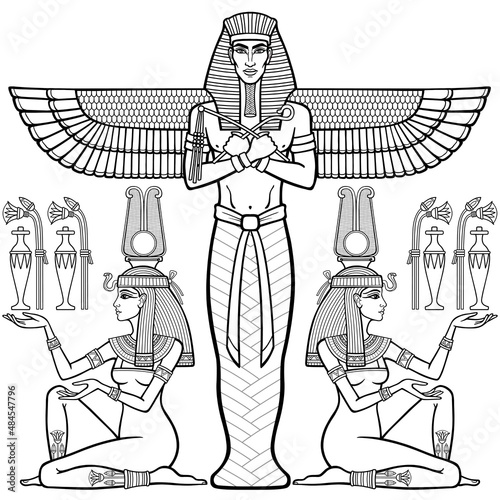 Animation linear portrait: winged Egyptian pharaoh holds symbols of power. Girls present him with jugs of gifts. Vector illustration isolated on a white background. Print, poster, t-shirt, tattoo.