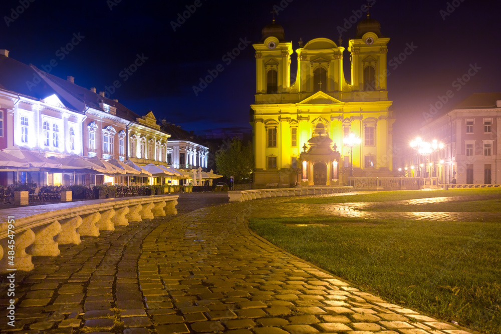 Image of night Union Square in Timisoara of Romania.