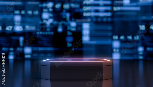 Futuristic empty Stage For Product Presentation. Podium Or Pedestal with neon lights product stage. Future concept background. 3D Rendering. © Chanchai