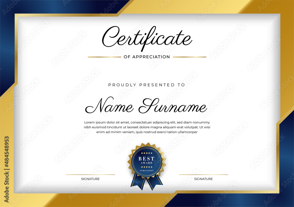 Modern elegant blue and gold certificate of achievement template with gold badge and border. Designed for diploma, award, business, university, school, and corporate.