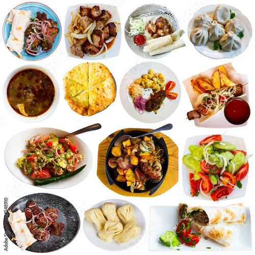 Diversified dishes of Georgian cuisine isolated and placed over white background.