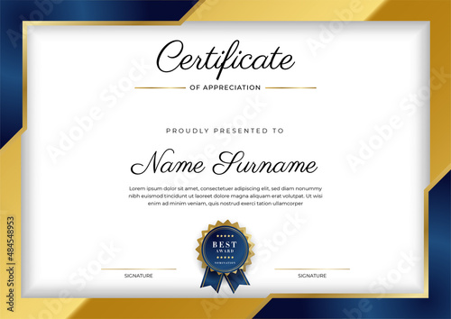 Modern elegant blue and gold certificate of achievement template with gold badge and border. Designed for diploma, award, business, university, school, and corporate.