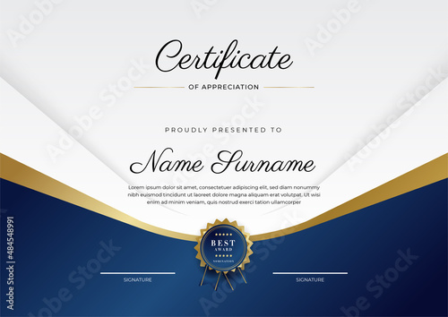 Modern elegant blue and gold certificate of achievement template with gold badge and border. Designed for diploma, award, business, university, school, and corporate.