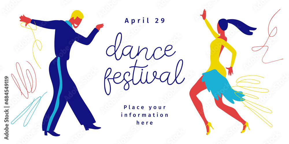 Ballroom dancing. Vector illustration of professional dancers. Template of poster, banner, invitation. International Latin: Cha cha, Samba, Rumba, Jive. American Rhythm: Salsa, Mambo. Dance festival. Ballroom dancing. Vector illustration of professional dancers. Template of poster, banner, invitation. International Latin: Cha cha, Samba, Rumba, Jive. American Rhythm: Salsa, Mambo. Dance festival.