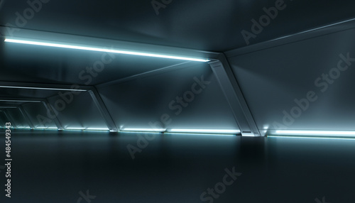 Abstract Futuristic dark corridor interior design. Future tunnel with light background. Spaceship sci-fi concept.3D rendering.