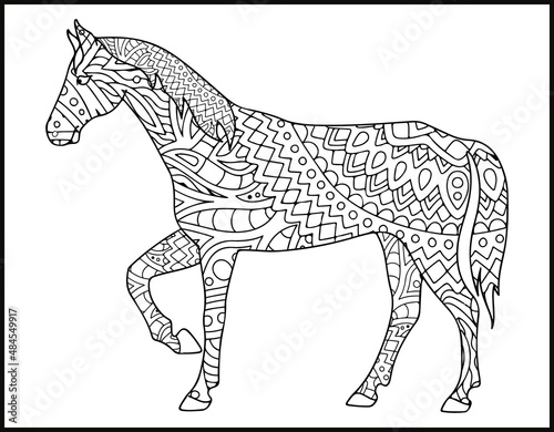 A coloring page of mustang horse.  stylized hand-drawn Head horse coloring page for adults vector illustration