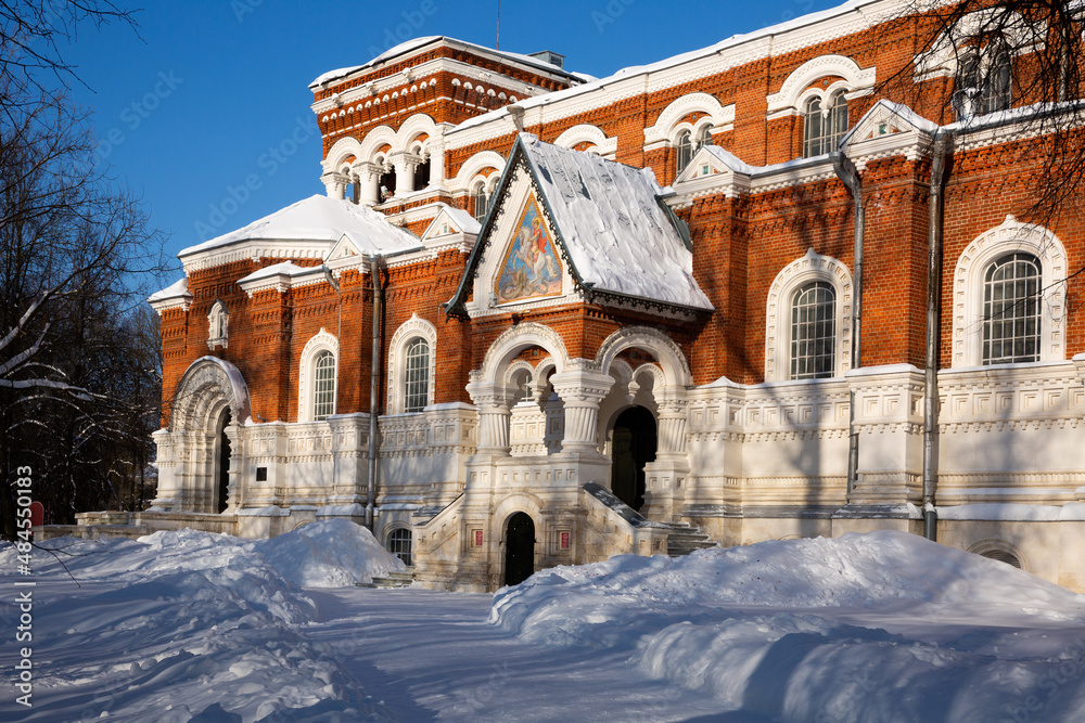 Picturesque winter landscape overlooking historic building of Museum of Crystal in Russian town of Gus-Khrustalny.