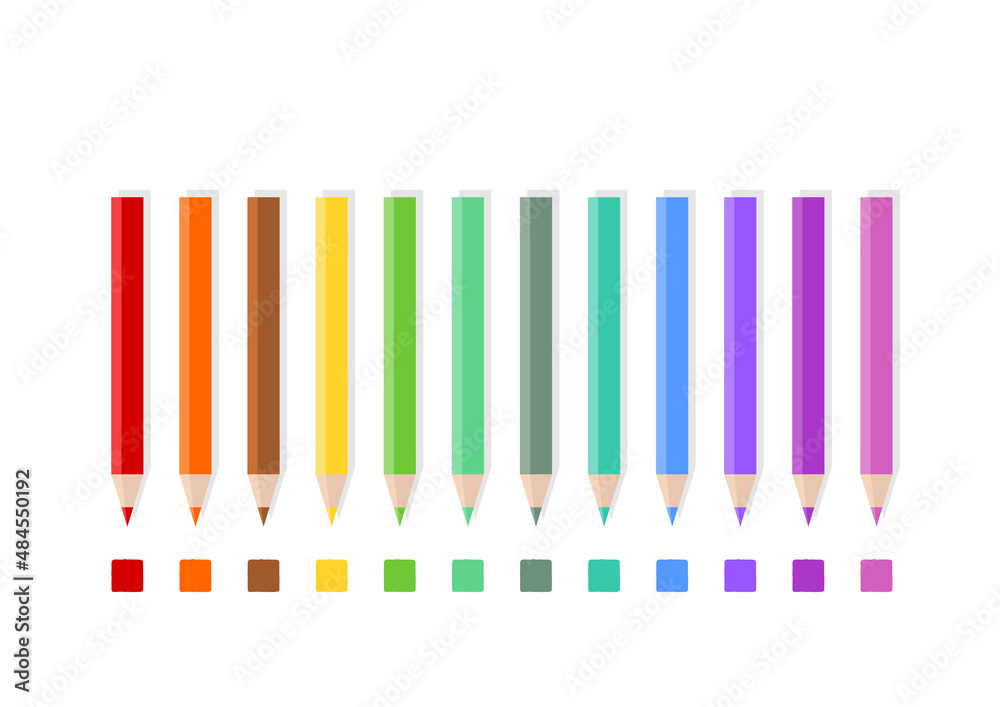set of bright colored pencils for drawing arranged in a row and isolated on white background. you can print it on standard A4 paper