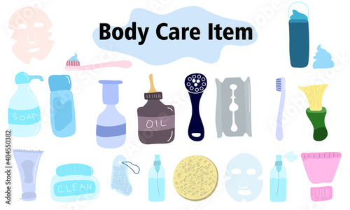 Items and elements for body care. Bathroom supplies, cosmetics, razor, toothpaste, toothbrush. In a color style. Vector illustration.