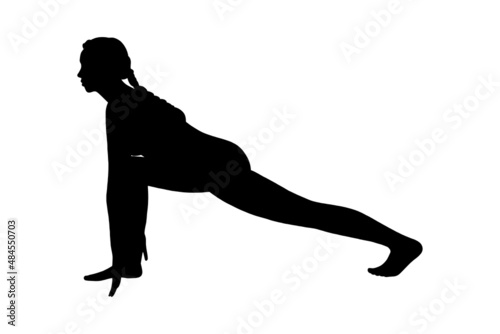 Flexible yogi woman silhouette. Hatha yoga equestrian pose. Vector illustration in white background