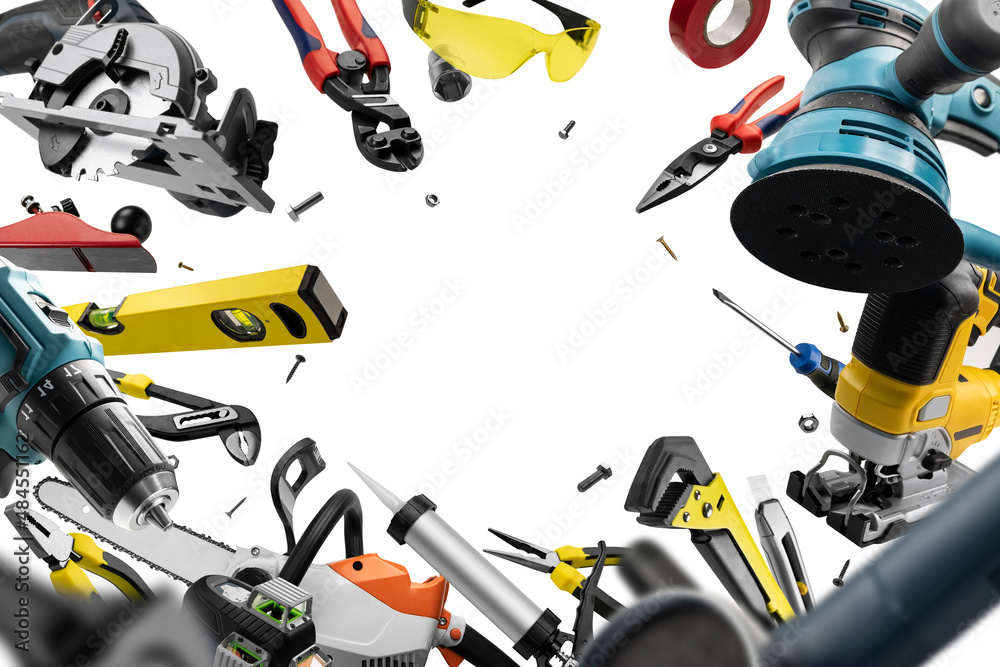 Construction tools levitate on a white background Construction tools levitate on a white background