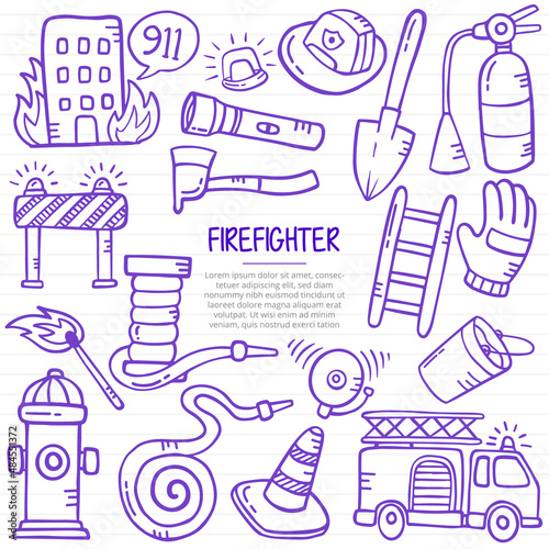 firefighter concept with doodle style for template of banners, flyer, books, and magazine cover