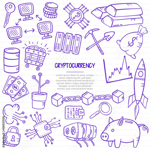 cryptocurrency technology concept with doodle style for template of banners, flyer, books, and magazine cover