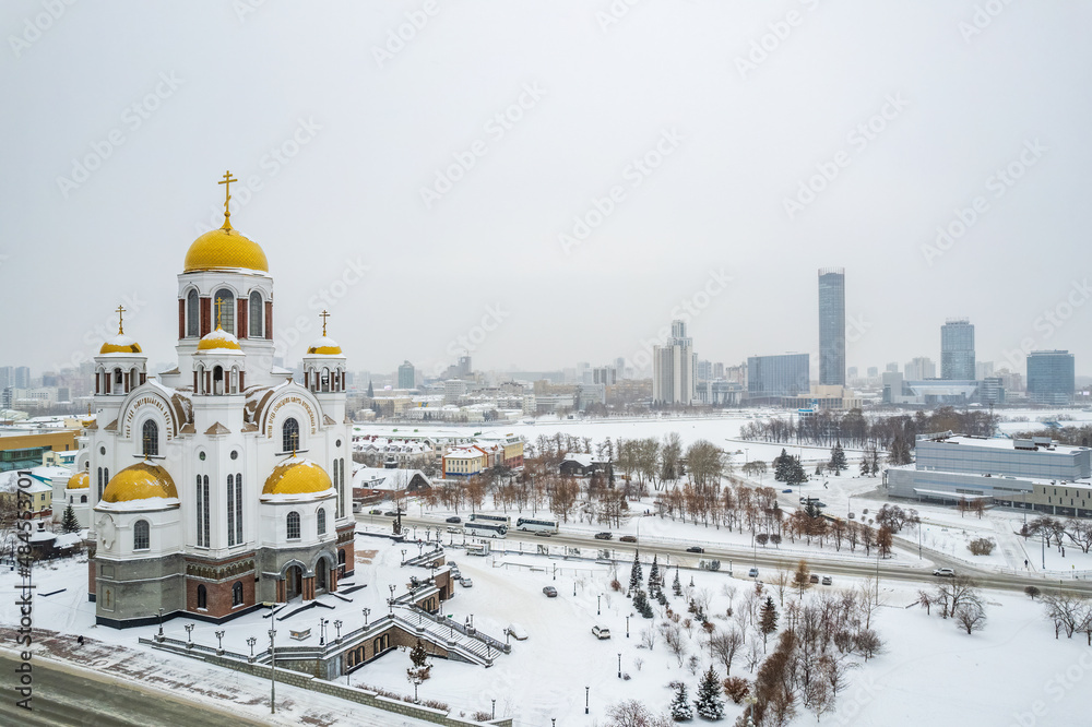 Panorama of winter Yekaterinburg and Temple on Blood in the first snowfall. Aerial view of Yekaterinburg, Russia