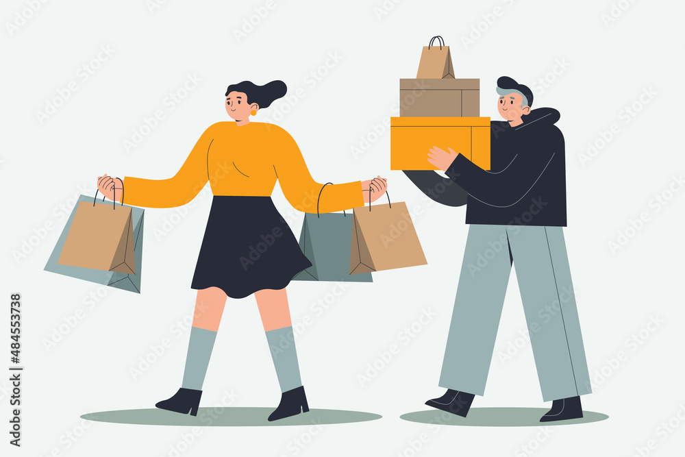 Young happy modern man and woman shopping. Smiling male and female characters walking with shopping bags. Hand drawn vector colorful flat cartoon style illustration.